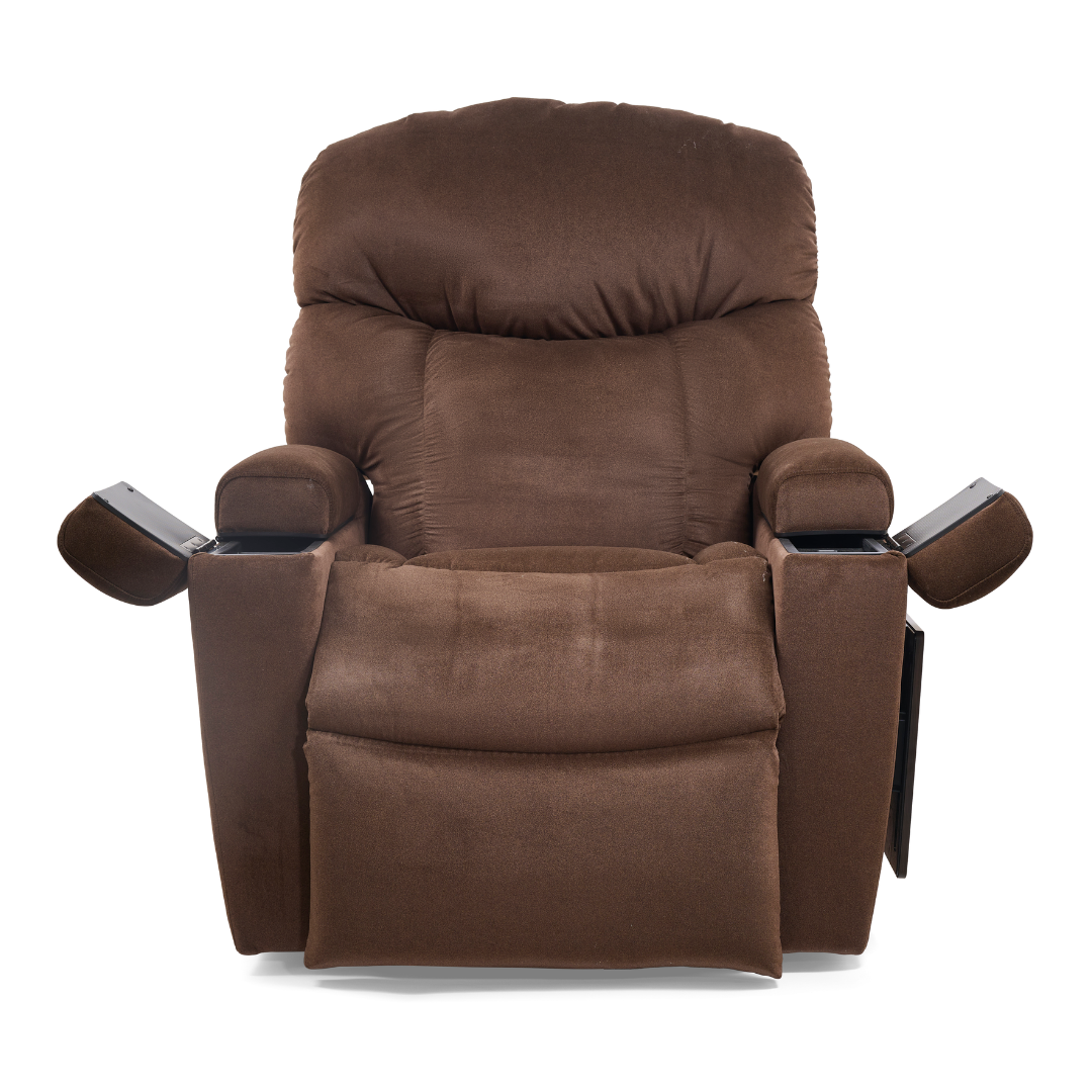 The Golden Tech PR525 Cloud+ Recliner With Lift Assist & Twilight is a brown, plush ergonomic recliner with wide armrests featuring open storage compartments and a cushioned backrest, shown facing forward against a white background.